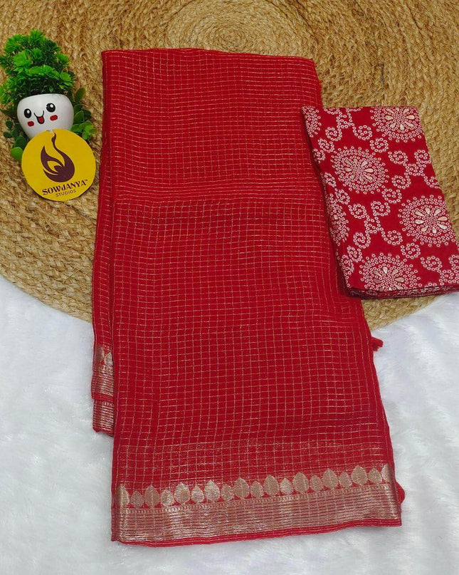 Premium Viscose Georgette Zari Chex with Bandini Blouse Sarees - SSBCH4 (RED)