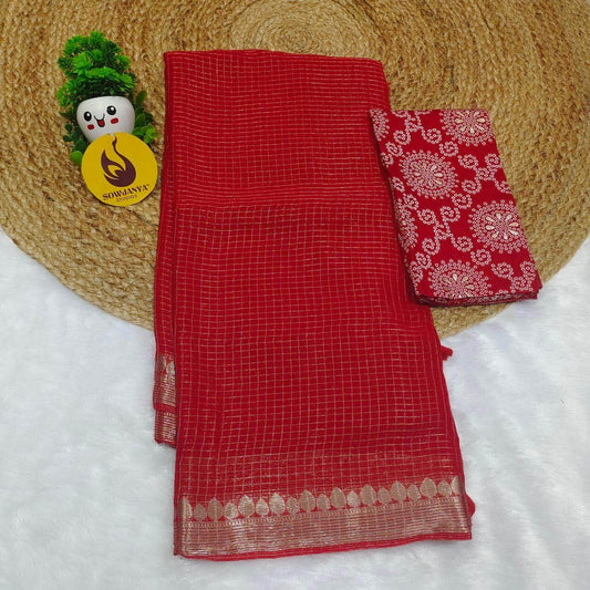 Premium Viscose Georgette Zari Chex with Bandini Blouse Sarees - SSBCH4 (RED)