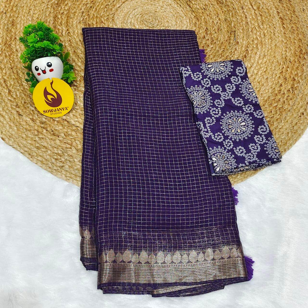 Premium Viscose Georgette Zari Chex with Bandini Blouse Sarees - SSBCH3
