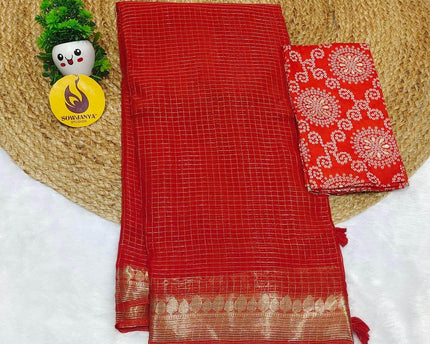 Premium Viscose Georgette Zari Chex with Bandini Blouse Sarees - SSBCH2 (RUST ORANGE)