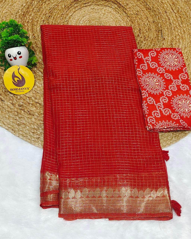Premium Viscose Georgette Zari Chex with Bandini Blouse Sarees - SSBCH2 (RUST ORANGE)