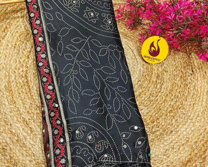 Premium Japan Satin Crape with Original Mirror Sarees - AJRAK3(BLACK)