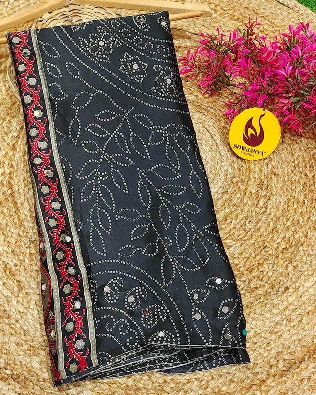 Premium Japan Satin Crape with Original Mirror Sarees - AJRAK3(BLACK)
