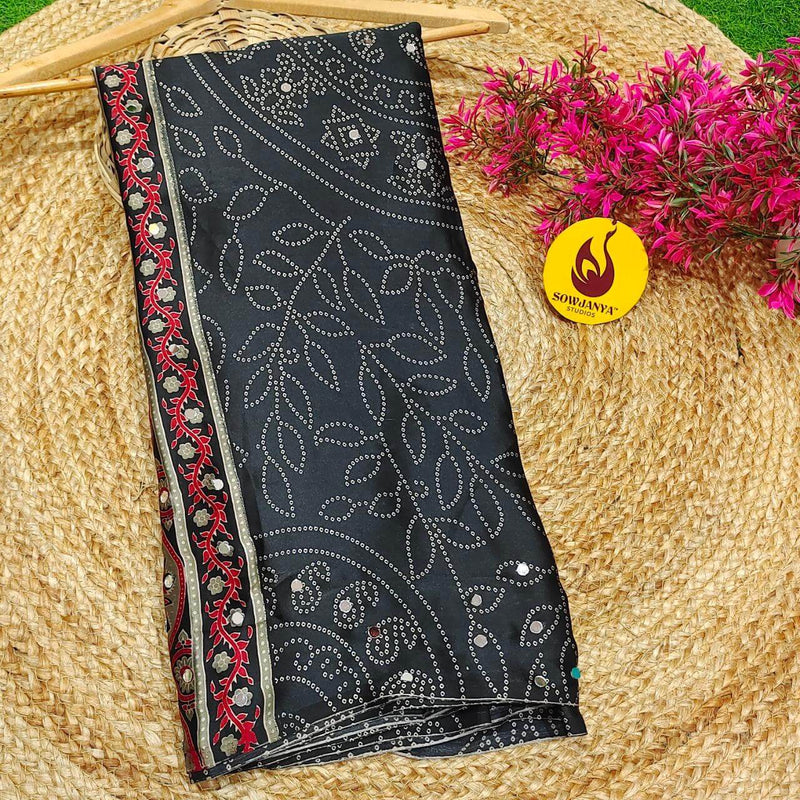 Premium Japan Satin Crape with Original Mirror Sarees - AJRAK3(BLACK)