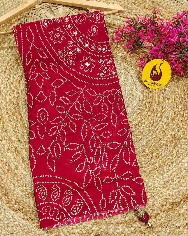Premium Japan Satin Crape with Original Mirror Sarees - AJRAK4(RED)