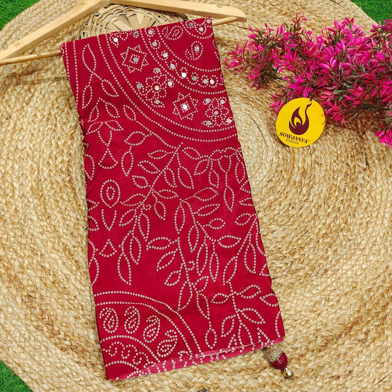 Premium Japan Satin Crape with Original Mirror Sarees - AJRAK4(RED)