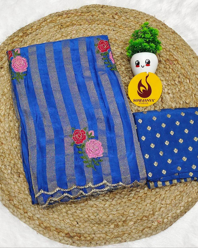 Premium Munga Stripes Embroidery Work Saree - GULAB03
