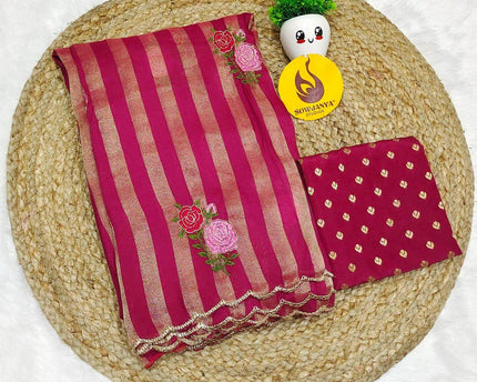 Premium Munga Stripes Embroidery Work Saree - GULAB05(maroon)