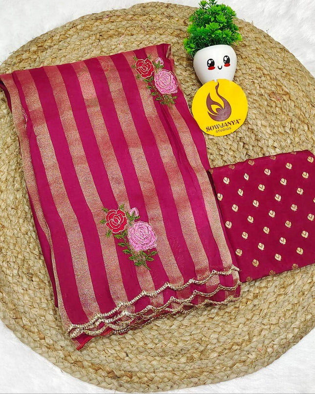 Premium Munga Stripes Embroidery Work Saree - GULAB05(maroon)