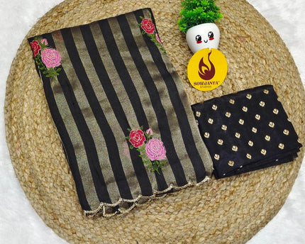 Premium Munga Stripes Embroidery Work Saree - GULAB06