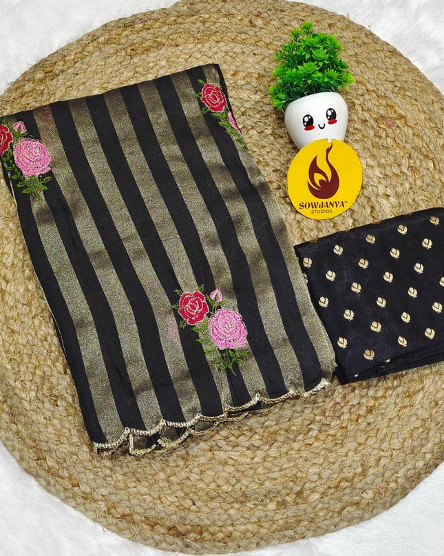 Premium Munga Stripes Embroidery Work Saree - GULAB06