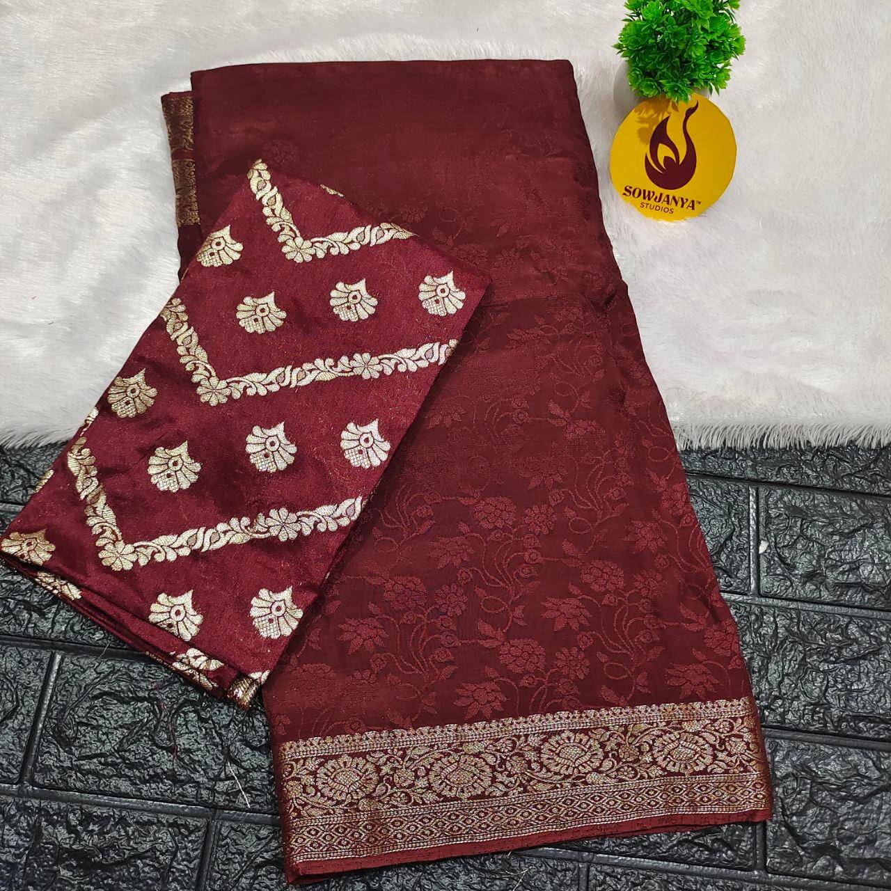 Premium Viscose Embose Saree(Brown)- SSEMB