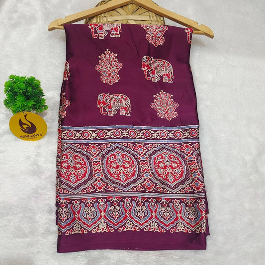Heavy Japan Satin Crape Saree Without  Mirrors(80) wine- AJRAK