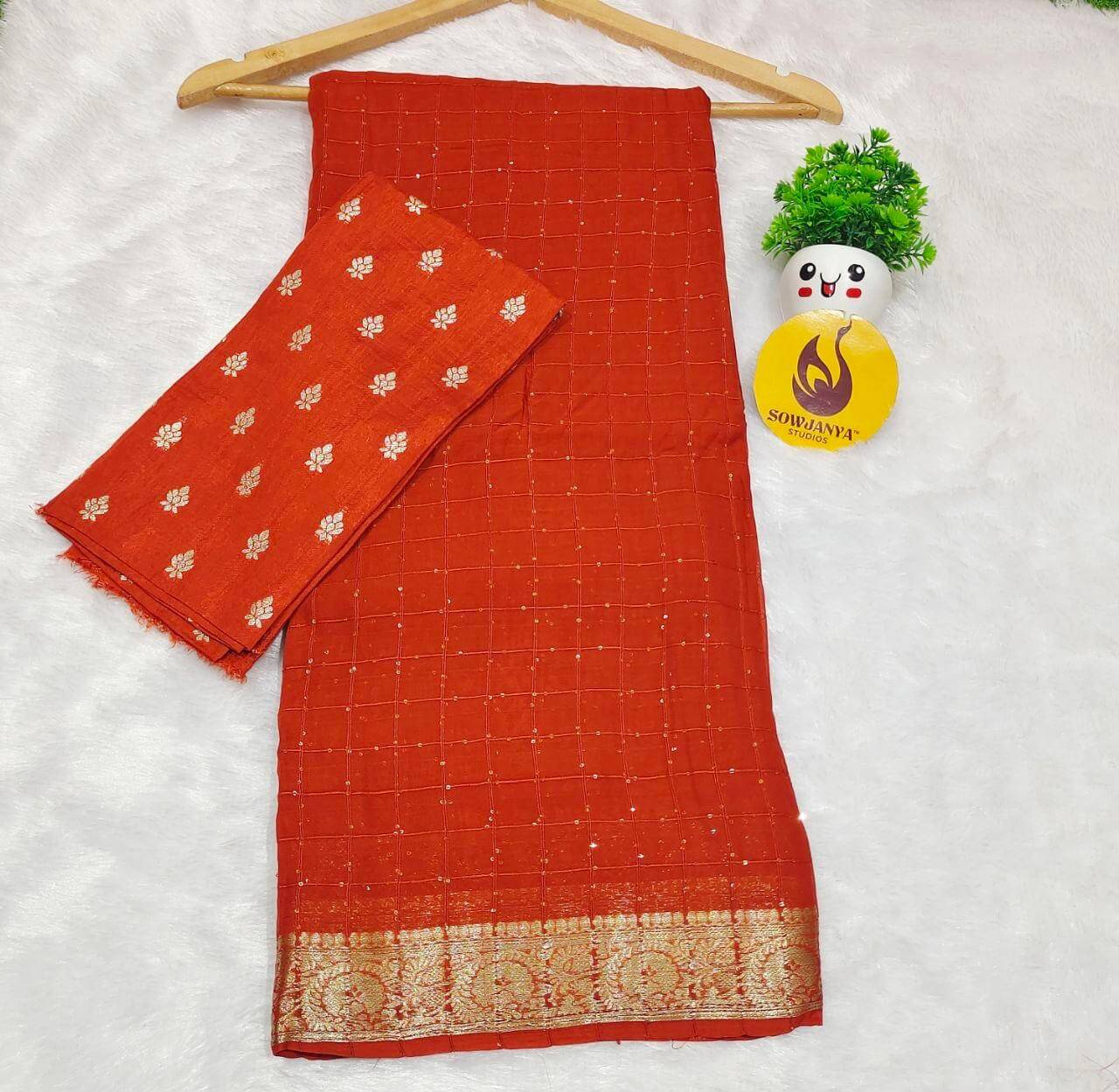 Premium Viscose Georgette Sequence Saree(RUST ORANGE)- SSSQU