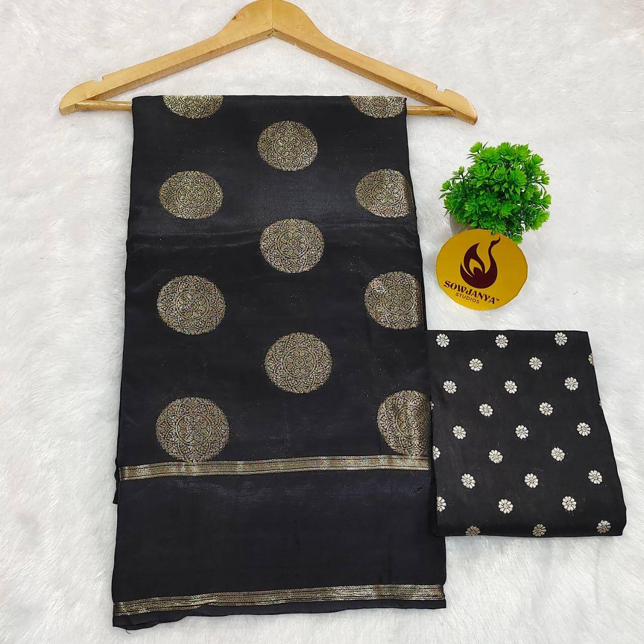 Viscose Crape Satin Butti Saree (black) - SSCDB