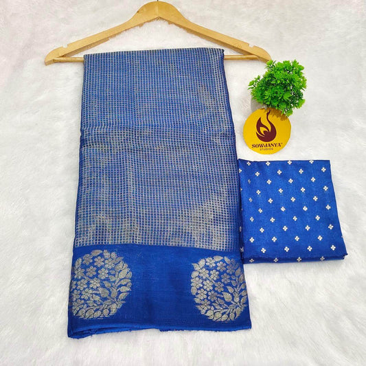 Viscose Crape Chex Saree With Designer Border(blue) - SSCDB
