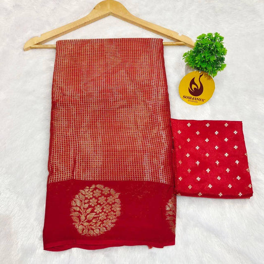 Viscose Crape Chex Saree With Designer Border(RED) - SSCDB