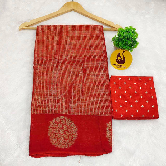 Viscose Crape Chex Saree With Designer Border(RUST ORANGE) - SSCDB