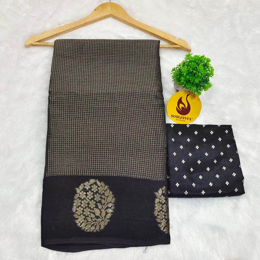 Viscose Crape Chex Saree With Designer Border(black) - SSCDB