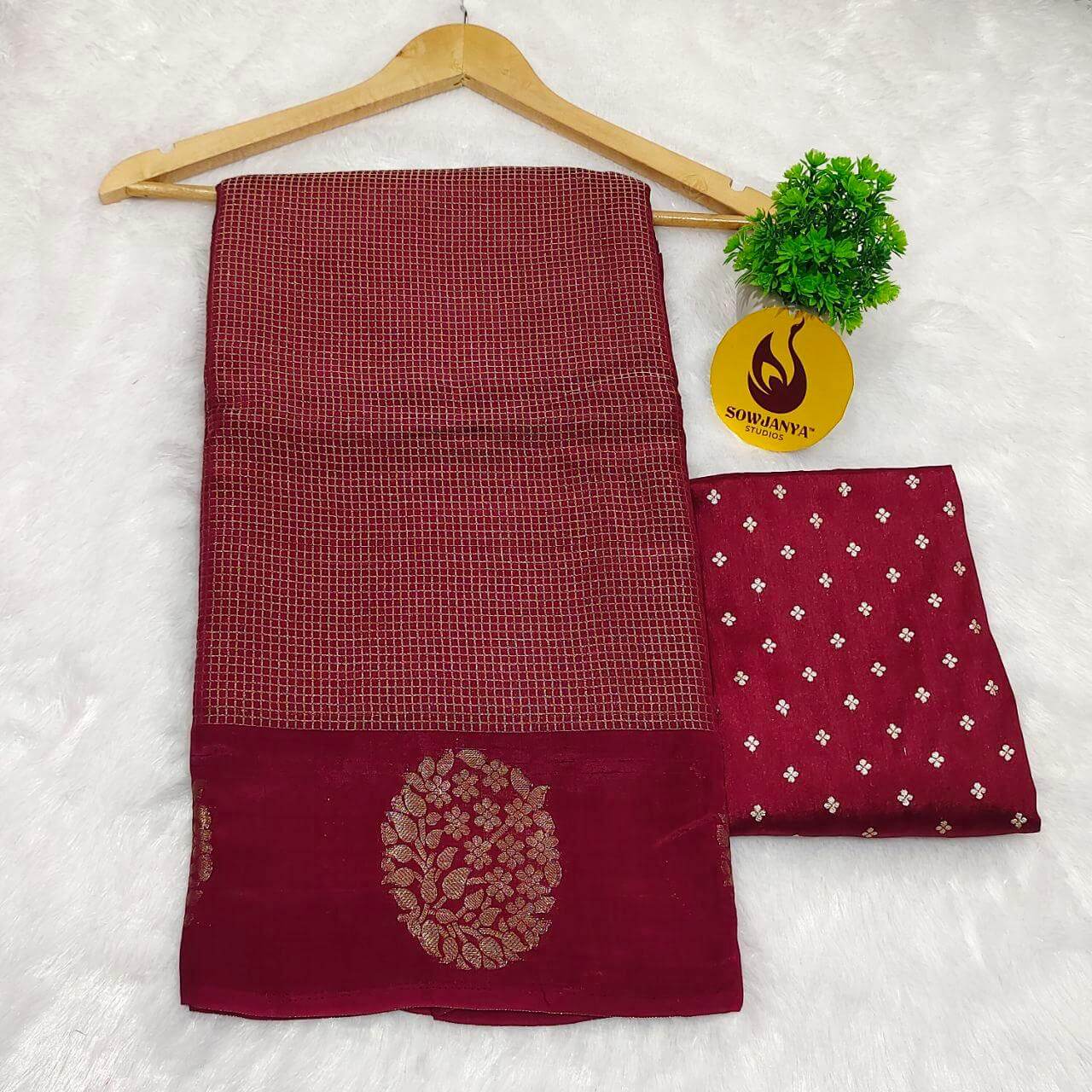 Viscose Crape Chex Saree With Designer Border(Maroon) - SSCDB
