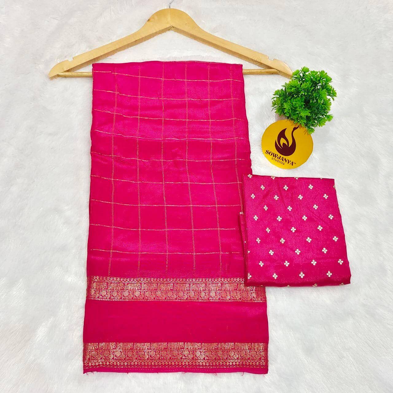 Viscose Crape Satin Chex Saree With Gap Border(pink) - SSCDB
