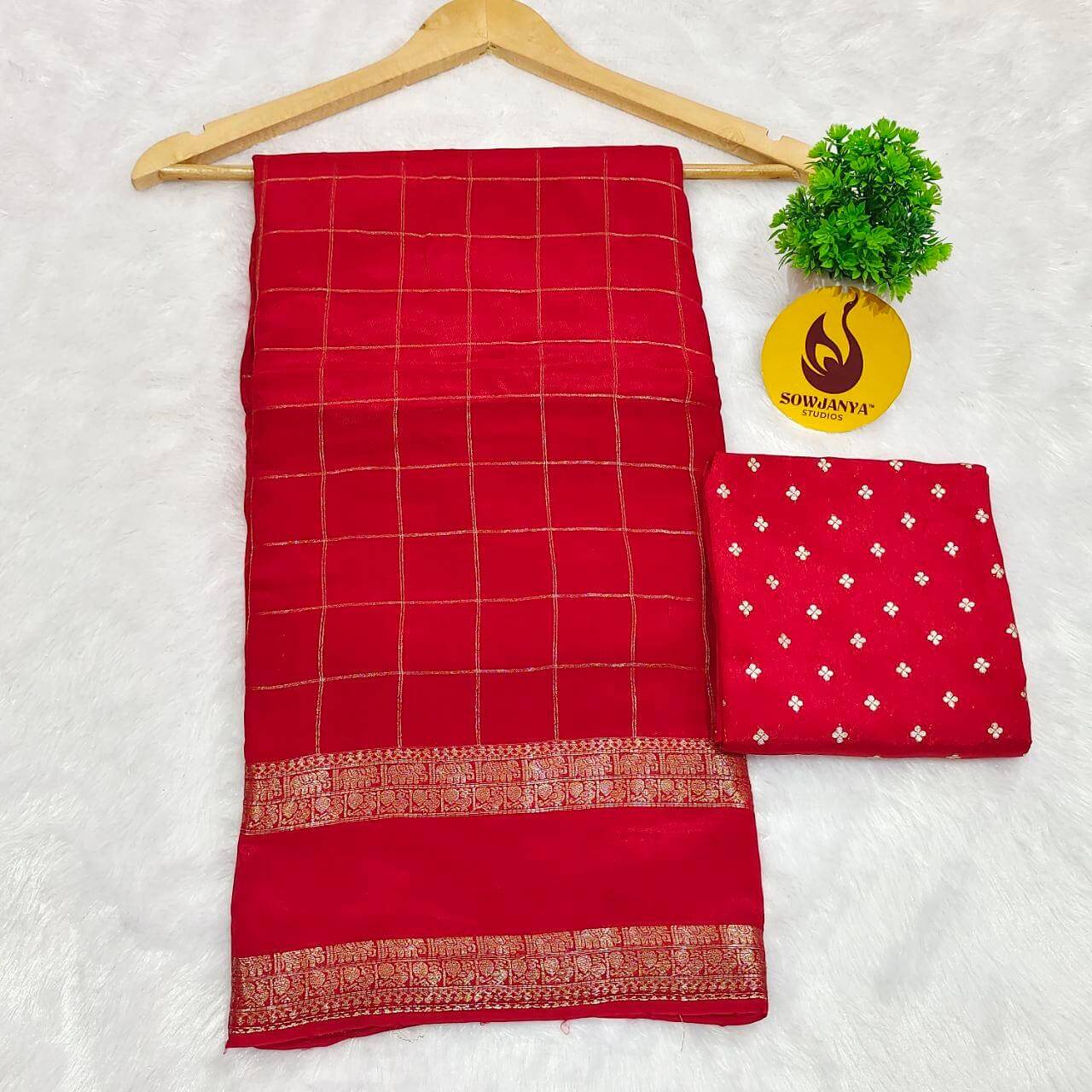 Viscose Crape Satin Chex Saree gap Border(red) - SSCDB