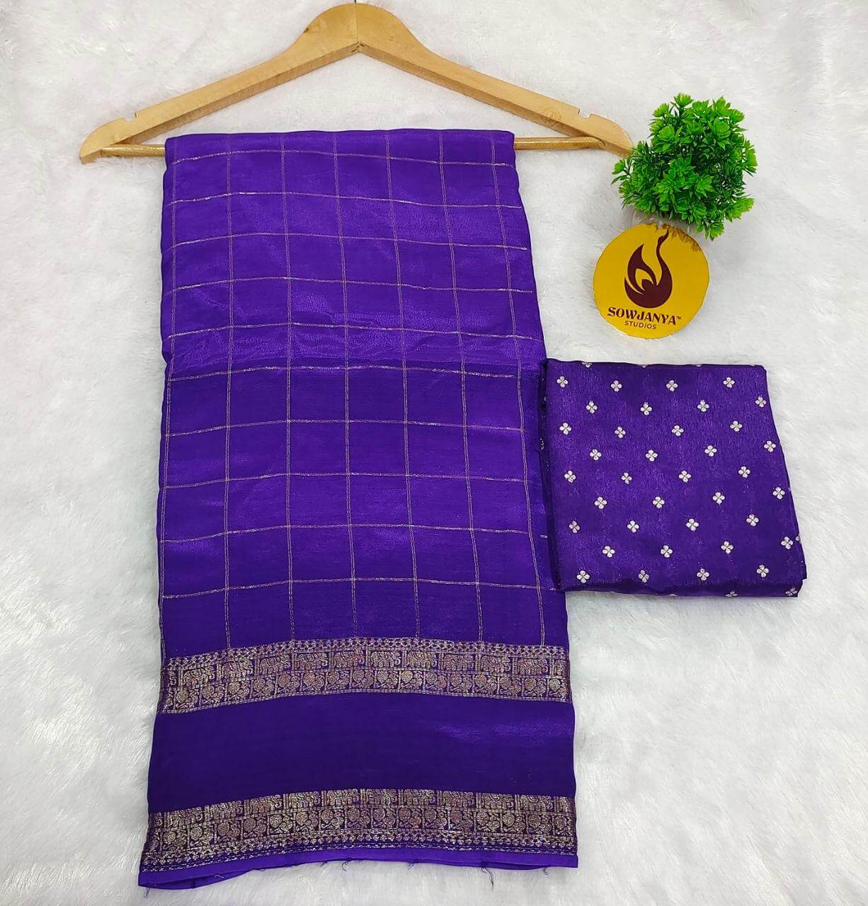 Viscose Crape Satin Chex Saree With gap Border(violet) - SSCDB