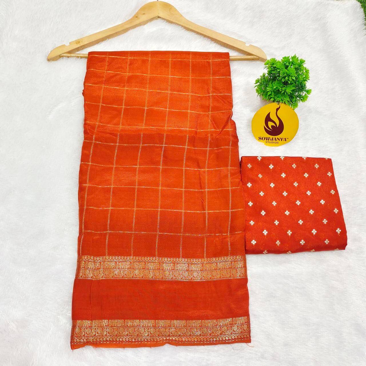 Viscose Crape Satin Chex Saree With gap Border(orange) - SSCDB