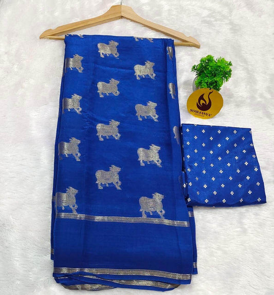 Viscose Crape Satin  Saree (BLUE) - SSCDB