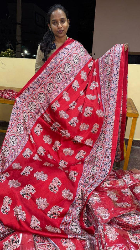 Heavy Japan Satin Crape Saree Without  Mirrors(85)red- AJRAK