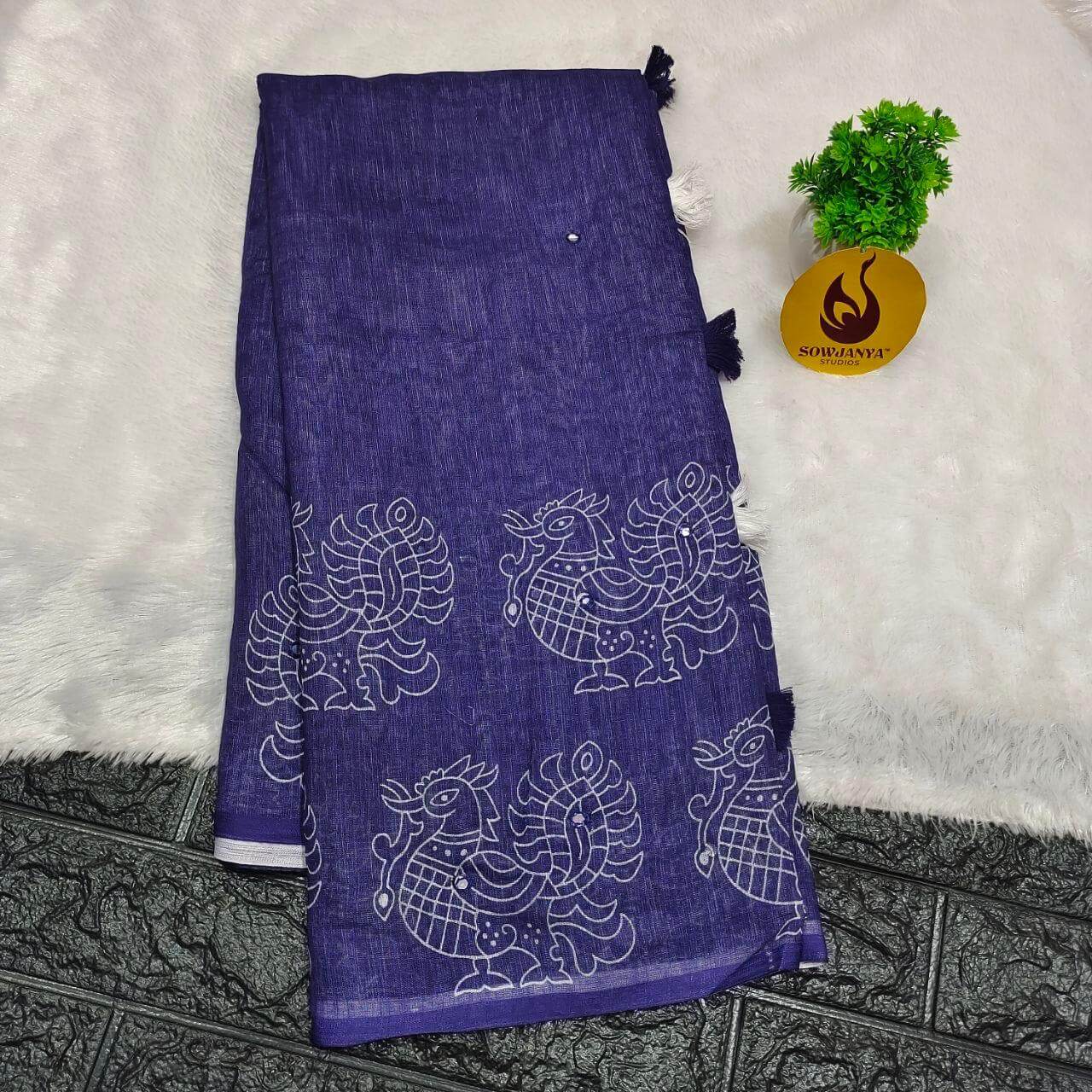 Premium Lenin Mirror Work Sarees  - PEAK