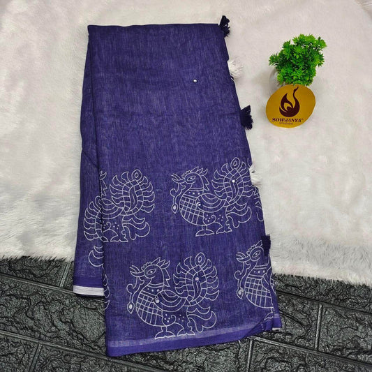 Premium Lenin Mirror Work Sarees  - PEAK