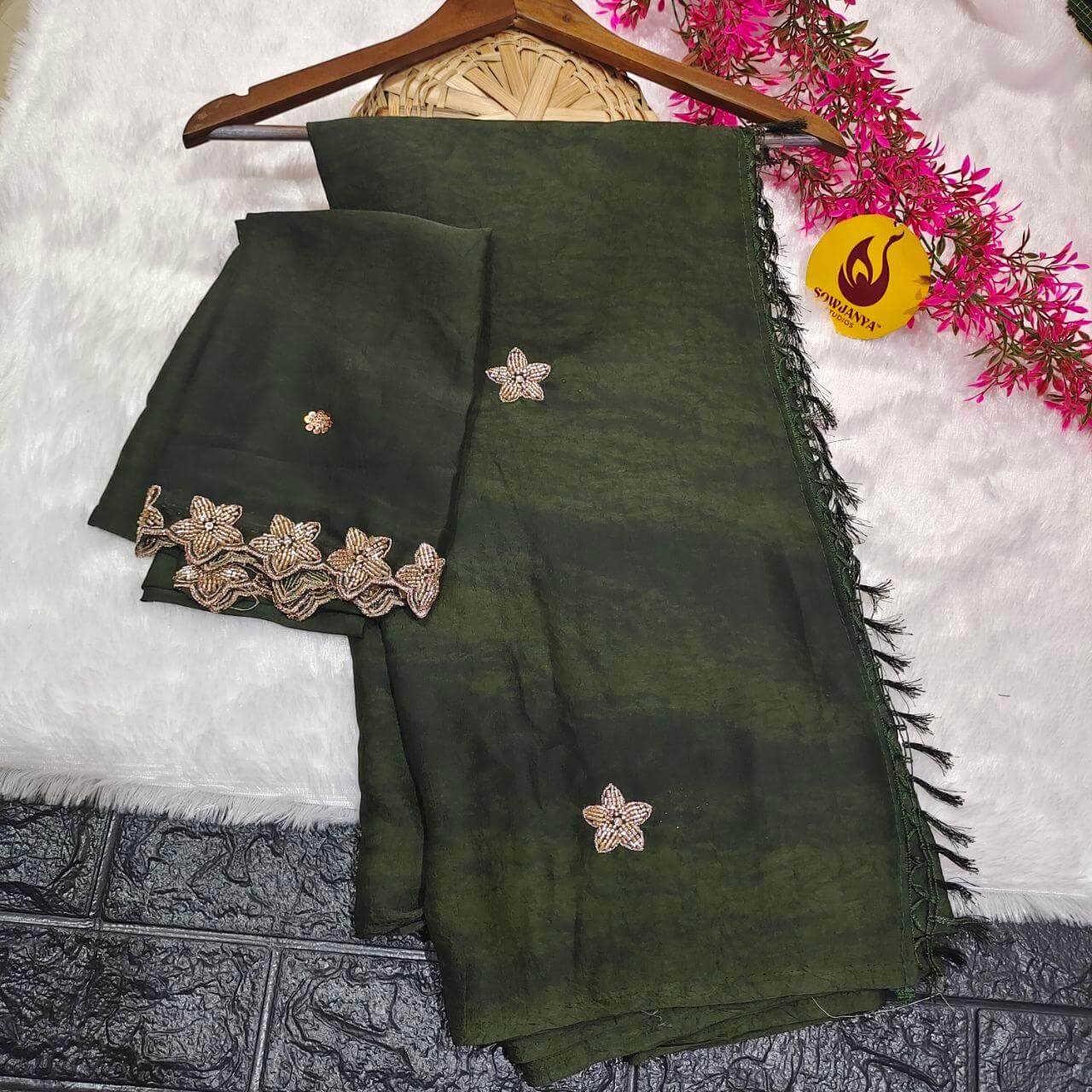 Premium Crush with Heavy Beads Work(mehandi green)  - STAR