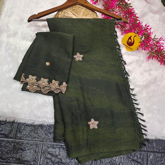Premium Crush with Heavy Beads Work(mehandi green)  - STAR