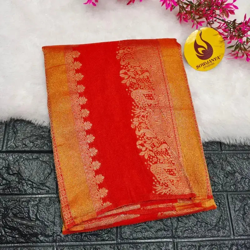Premium Viscose Crape Heavy Zari work Sarees(orange) - YEAR
