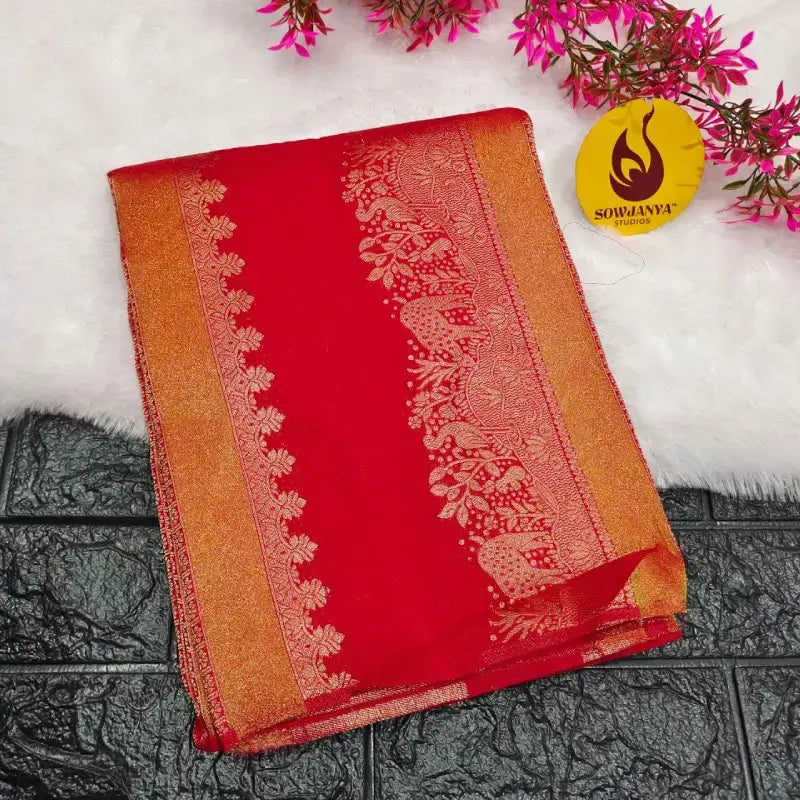 Premium Viscose Crape Heavy Zari work Sarees(red) - YEAR
