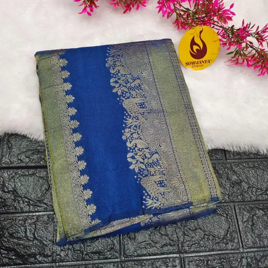 Premium Viscose Crape Heavy Zari work Sarees(blue) - YEAR