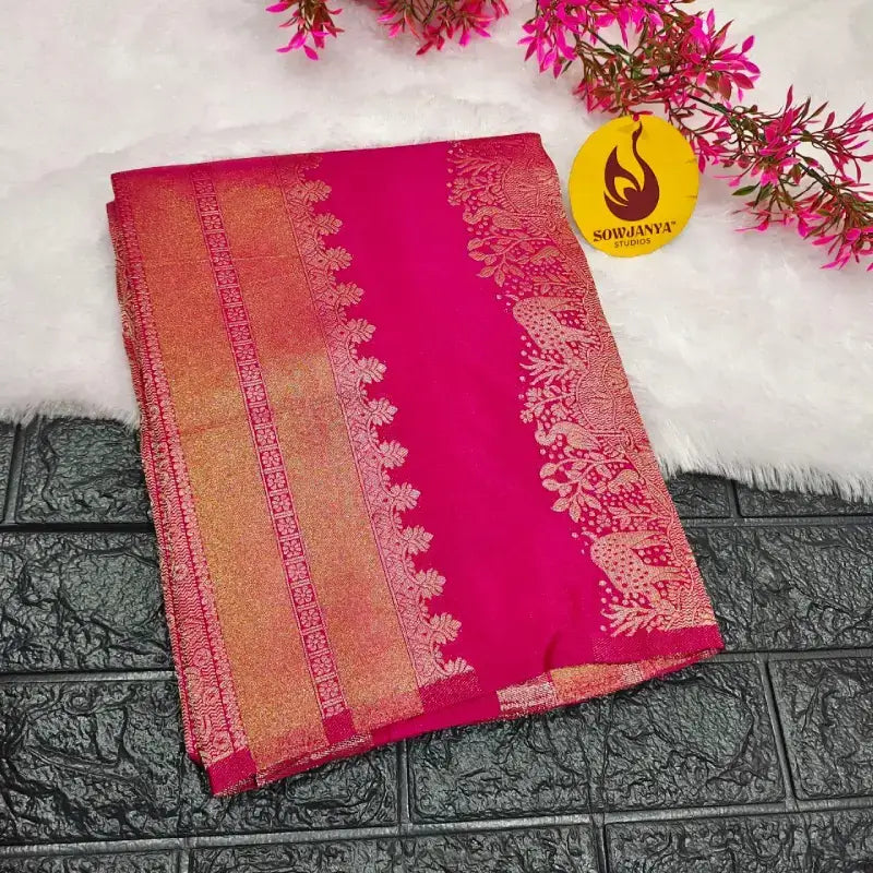 Premium Viscose Crape Heavy Zari work Sarees(pink) - YEAR