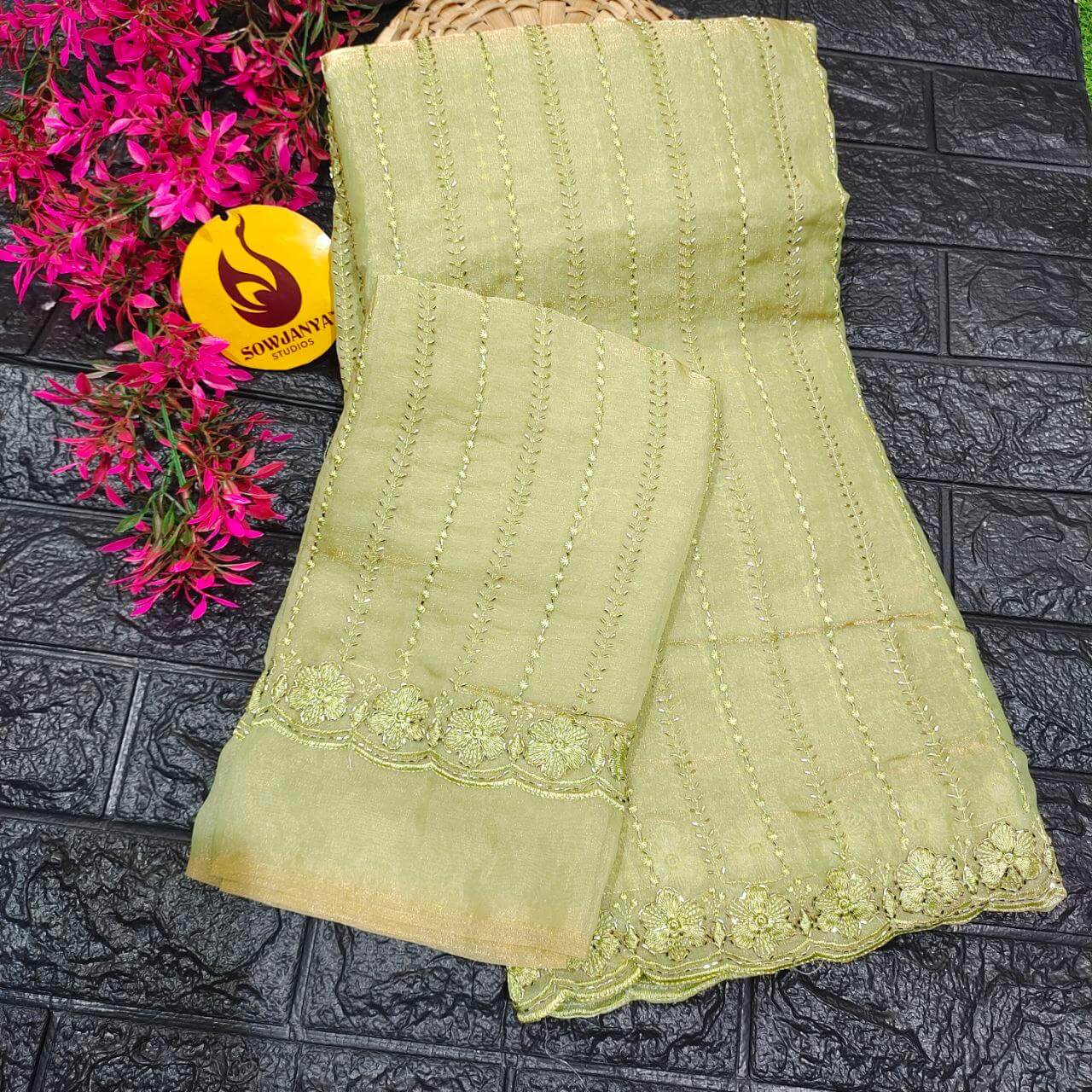 Premium Space Silk Heavy Bead Work Sarees(pista)-  BEADS