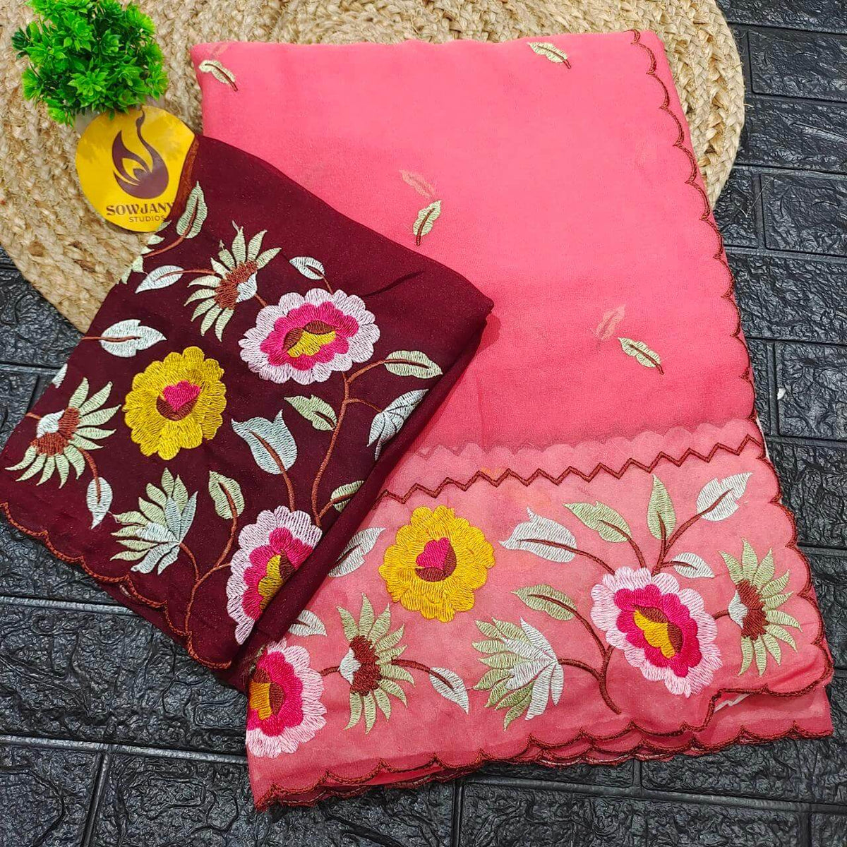 Premium Shimmer Georgette Emboridery Work Sarees(PEACH)- SSGES