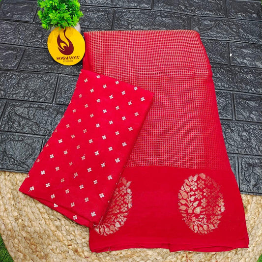 Viscose Crape Chex Saree With Designer Border(RED) - SSCDB