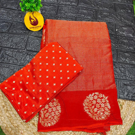 Viscose Crape Chex Saree With Designer Border(RUST ORANGE) - SSCDB