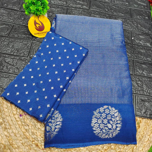 Viscose Crape Chex Saree With Designer Border(blue) - SSCDB