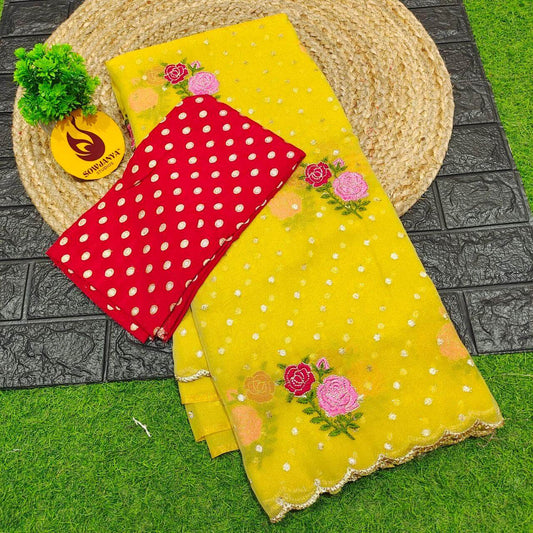 Designer Shimmer Georgette Butti  with  Emboridery  Sarees (yellow)- SSFLW