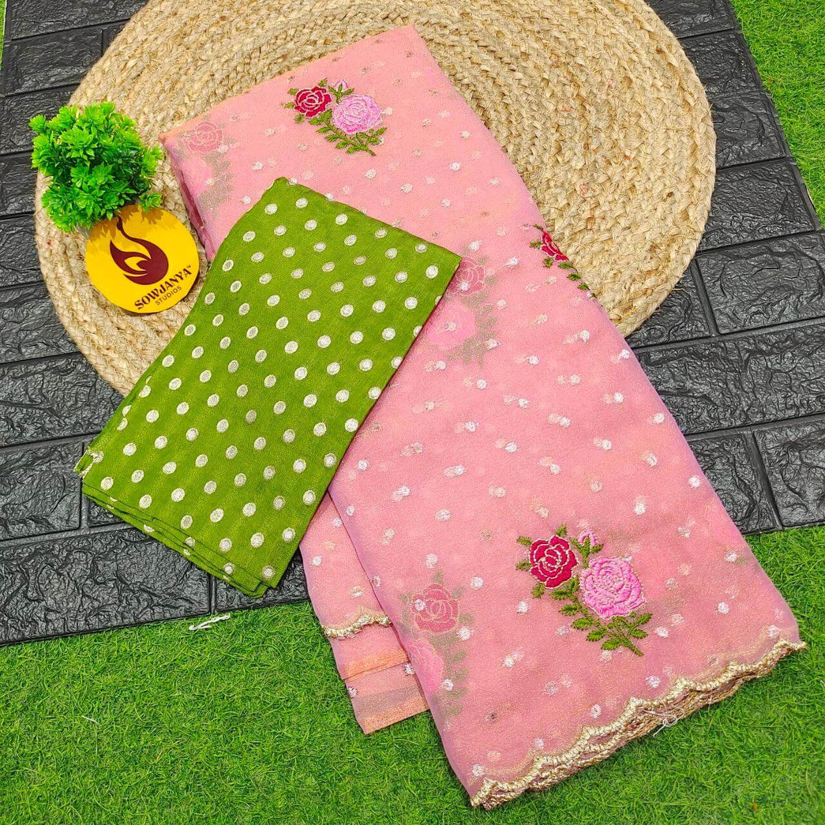 Designer Shimmer Georgette Butti  with  Emboridery  Sarees (pink)- SSFLW