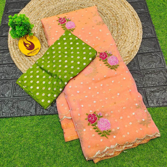 Designer Shimmer Georgette Butti  with  Emboridery  Sarees(peach) - SSFLW