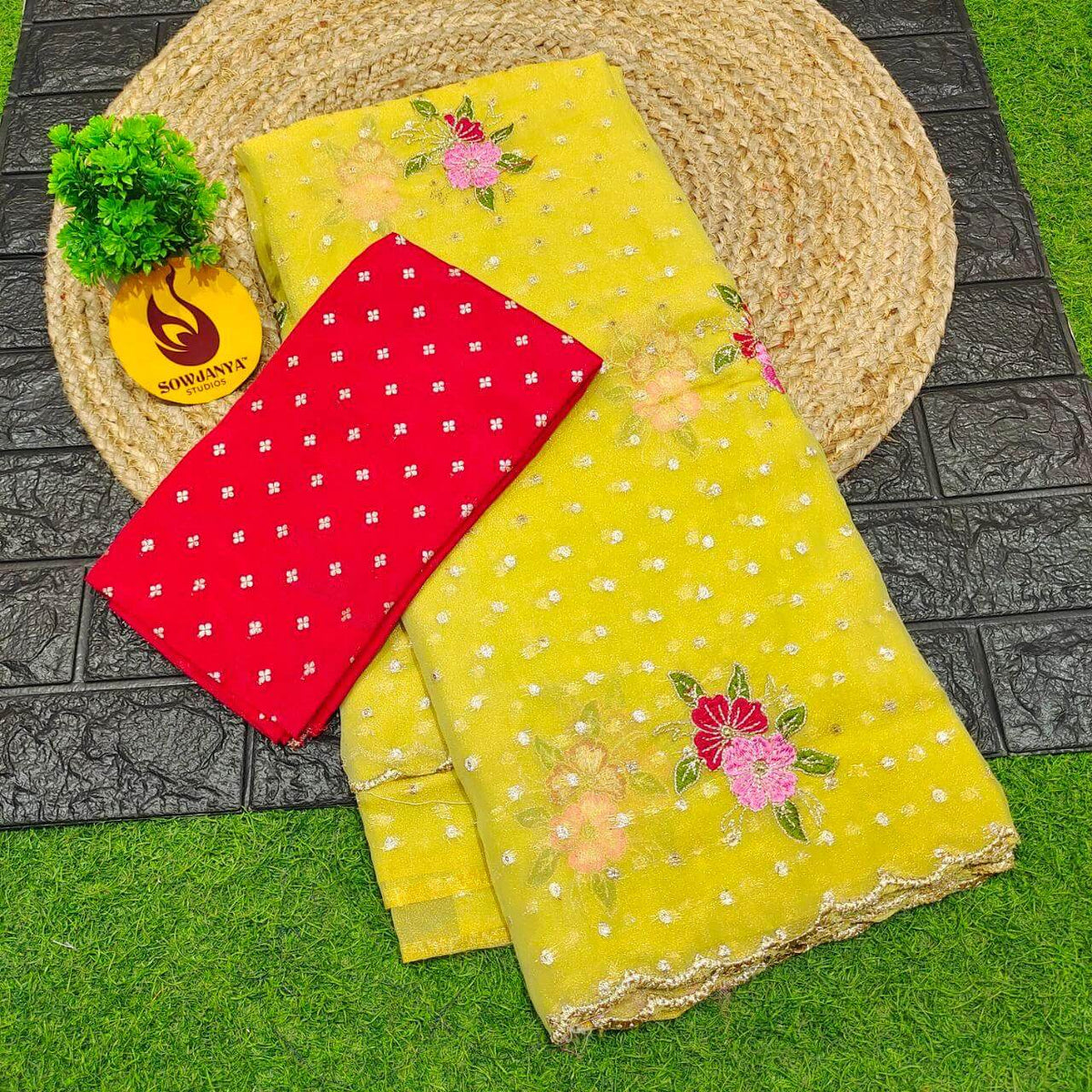 Designer Shimmer Georgette Emboridery  Sarees(yellow shade) - SSFLW