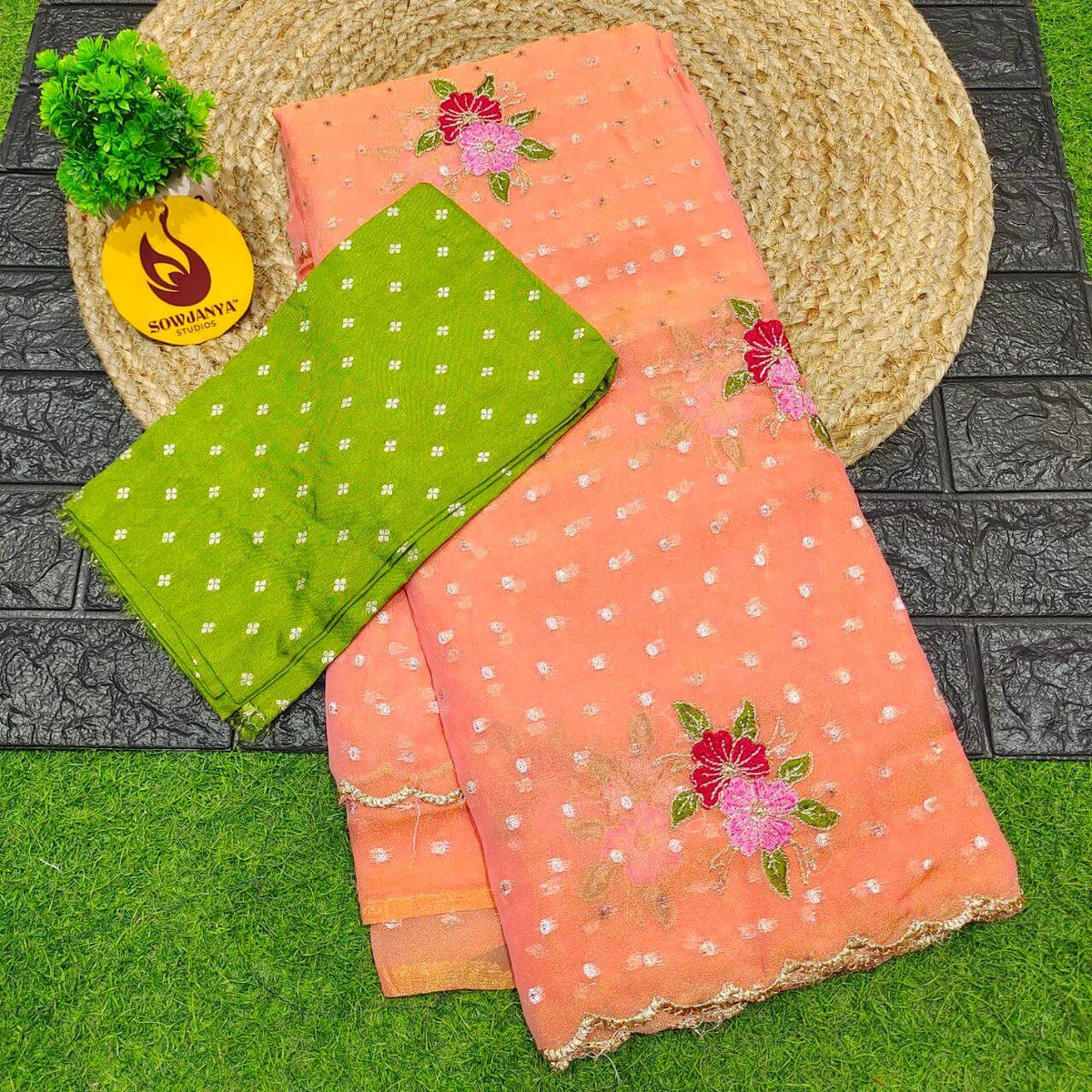 Designer Shimmer Georgette Butti  with  Emboridery  Sarees(peach) - SSFLW