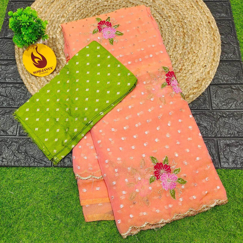 Designer Shimmer Georgette Butti  with  Emboridery  Sarees(peach) - SSFLW