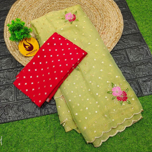 Designer Shimmer GeorgetteButti  with  Emboridery  Sarees(green shade) - SSFLW